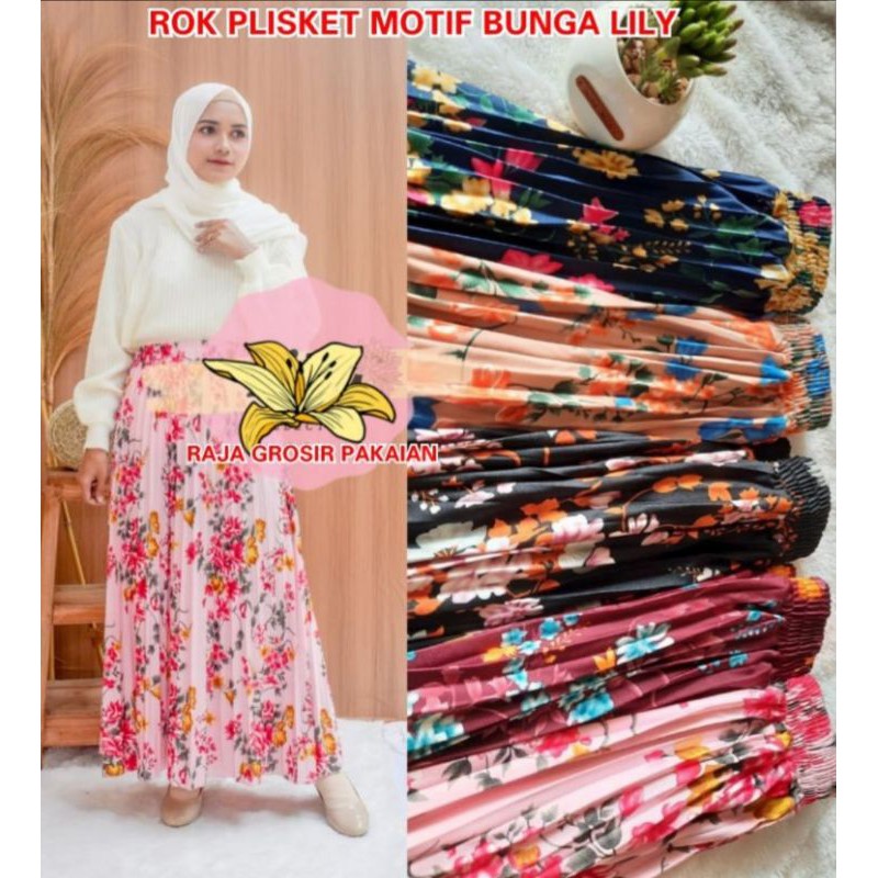 Rok Plisket Import Motif Bunga Lily