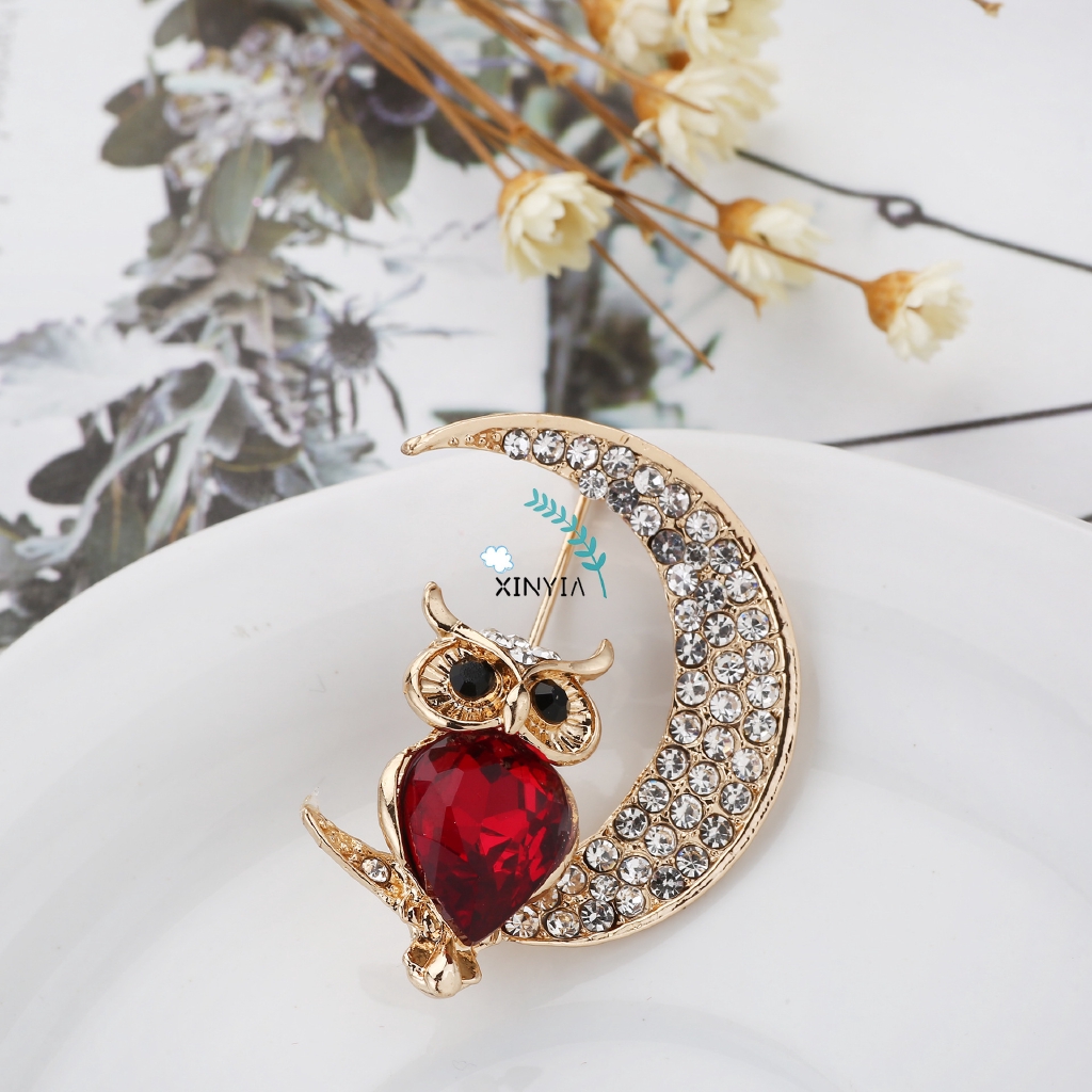 Crystal Bros Owl Moon Kartun Wanita Aksesoris Pakaian Brooch Berlian Imitasi Bermutu Berlian