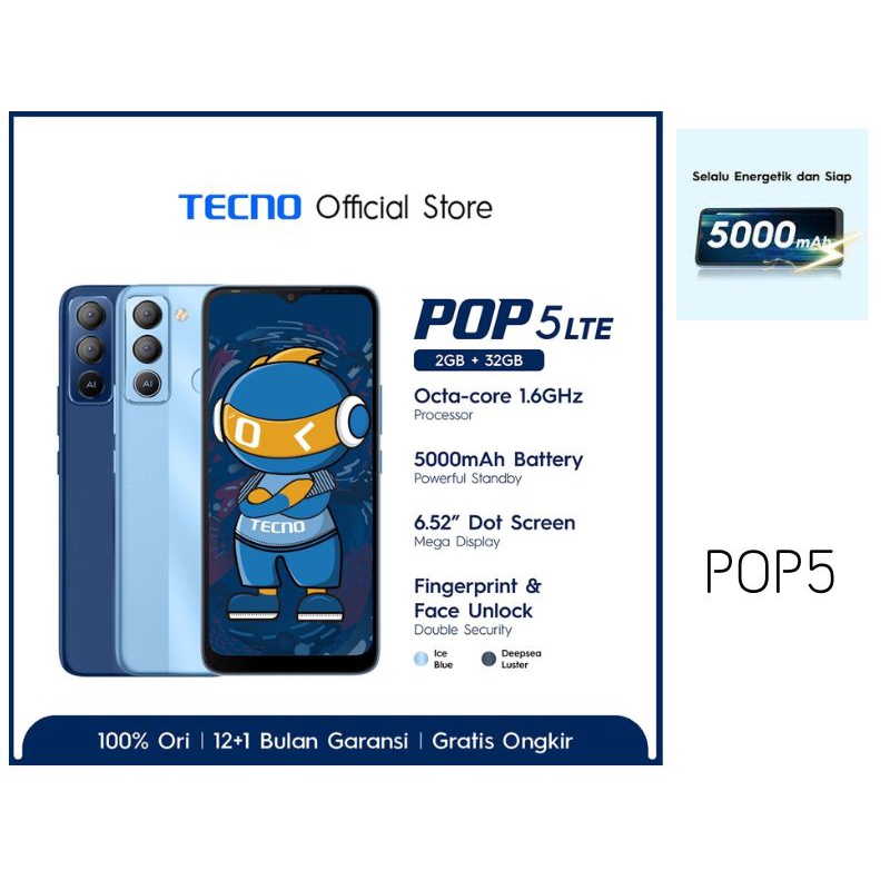 TECNO POP 5 LTE [120+ Quality Test, 5000mAh, 6,5" HD+, Fingerprint + Face Unlock] #HPNYASEJUTAUMAT B