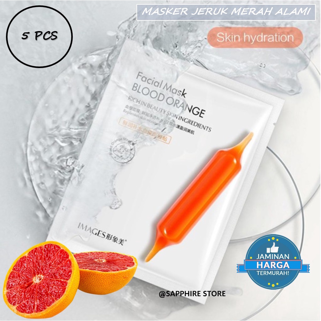 5 Pcs Images Masker Wajah Jeruk Merah / Images Facial Mask Blood Orange Masker Wajah Organik Masker Pemutih Wajah dan Glowing / Masker Korea Serum Wajah / Anti Aging Masker Jerawat &amp; Masker Komedo – Masker Muka Wanita Pria Skincare Sheet Mask