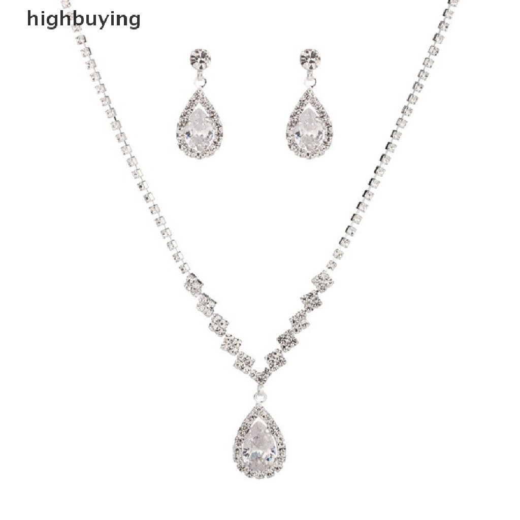 Hbid Set Anting + Kalung Liontin Kristal Bentuk Tetesan Air Vintage Warna Silver Untuk Wanita
