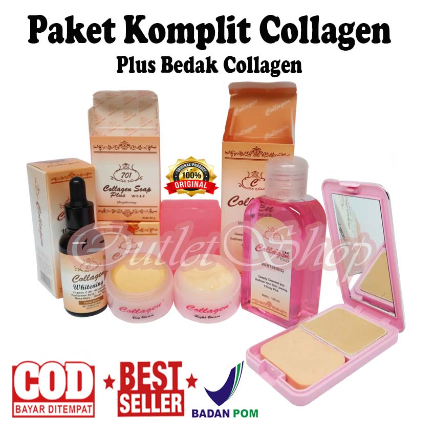 Paket Komplit Krim Collagen Original Set - Toner Whitening + Serum Collagen + Sabun  dan Bedak Padat Dhilisa Two way Cake