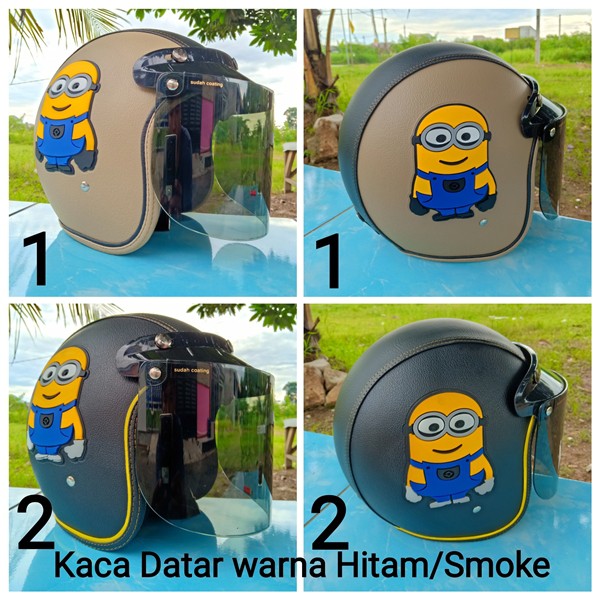 Helm bogo kulit minion kaca datar warna gelap
