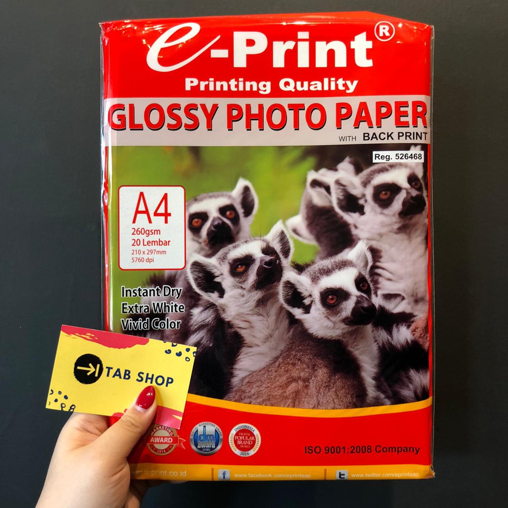 

Sy TAB SHOP - EPRINT GLOSSY PHOTO PAPER WITH BACK PRINT 260 GSM 20 SHEETS A4 - E-PRINT KERTAS FOTO