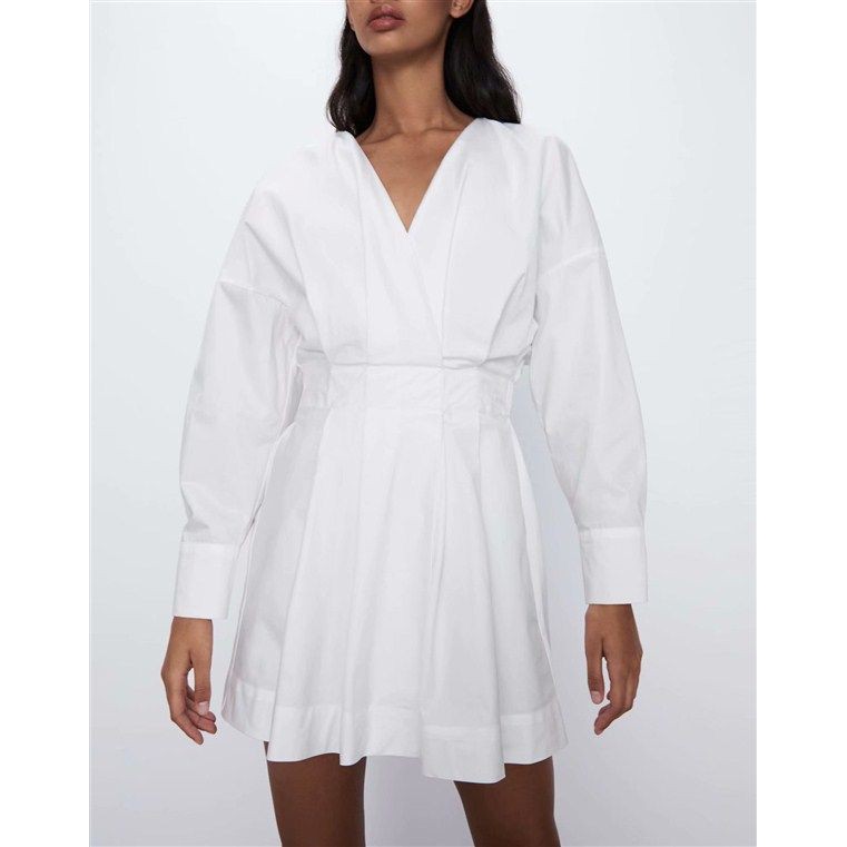 29734 Dress Putih Polos Lengan Panjang White V Neck Dress