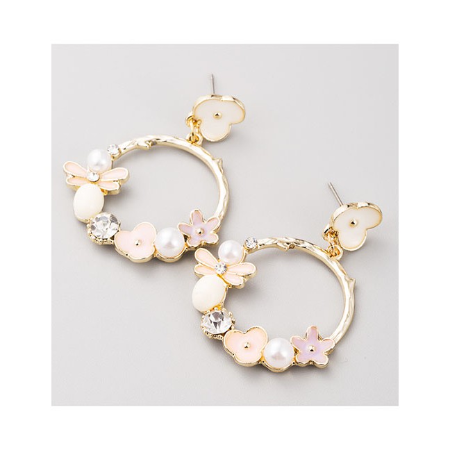 LRC Anting Tusuk Fashion Pink Flower Alloy Pearl Geometric Cutout Earrings D94297