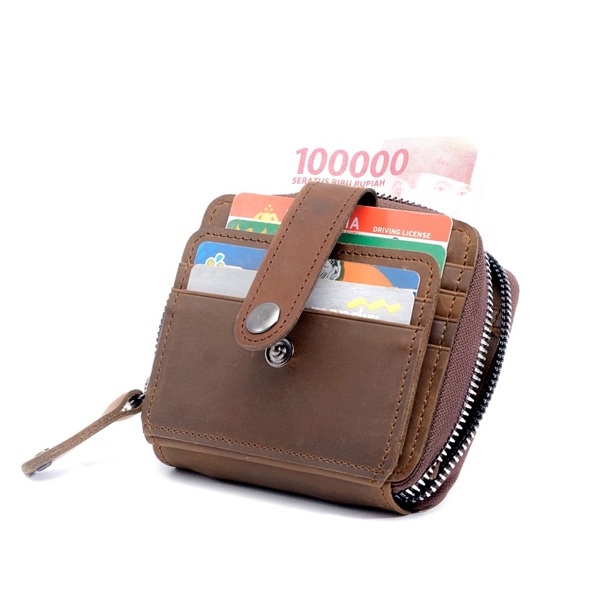 Dompet Kartu Pria Wanita Lipat Card Holder Resleting Kulit Asli 18 Slot kartu