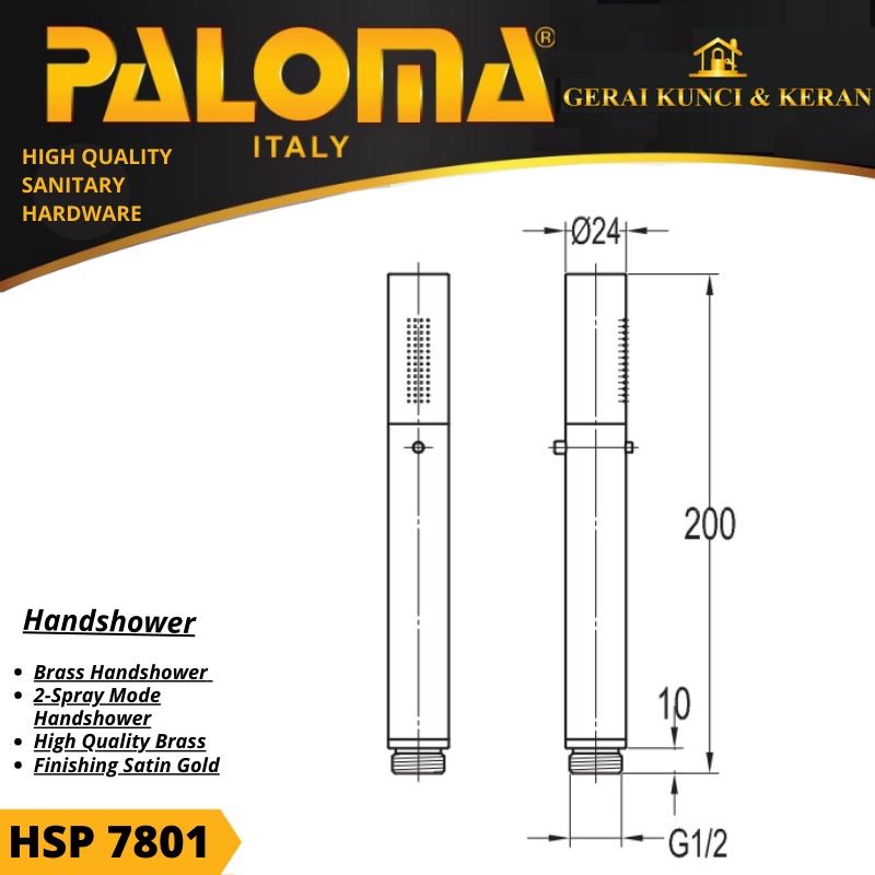 PALOMA HSP 7801 HANDSHOWER 2 SPRAY MODE SATIN GOLD BRASS SHOWER