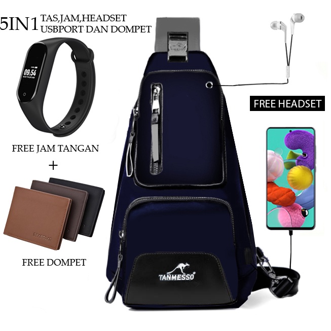 TANMESO 5IN1 BAYAR DITEMPAT- JAM LED -HEADSET- DOMPET -BAHAN GLOOSY PREMIUM BUKAN KANVAS ATAU PARASUT-USBPORT -TAS WATERPROOF-TAS SELEMPANG PRIA-SLING BAG PRIA