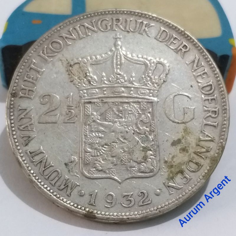 SWILH2.5G-50.. 1 PC KOIN PERAK KUNO ASLI 2.5 GULDEN WILHELMINA TH 1932. -- SILVER COIN --