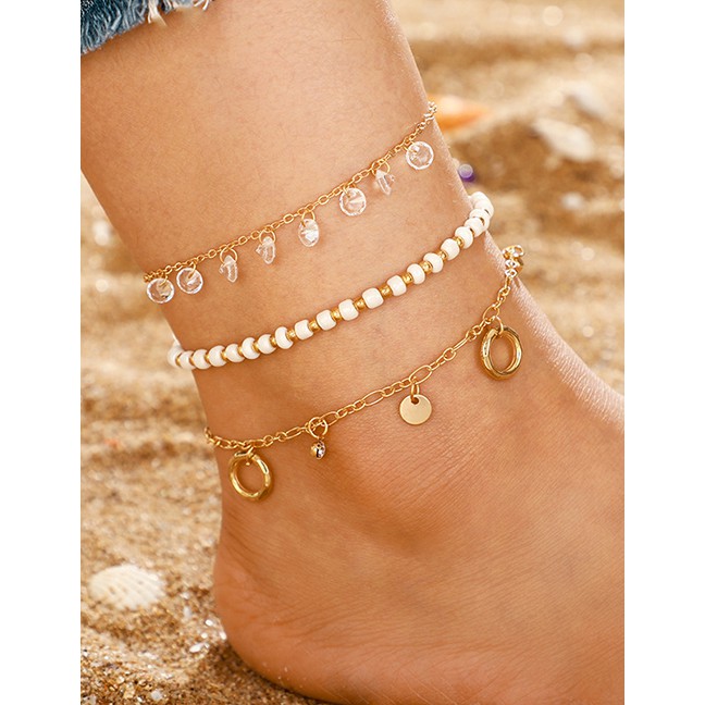 LRC Gelang Kaki Fashion Gold Rice Beads Round Tassel Multi-layered Anklet 3 Piece Set D20898