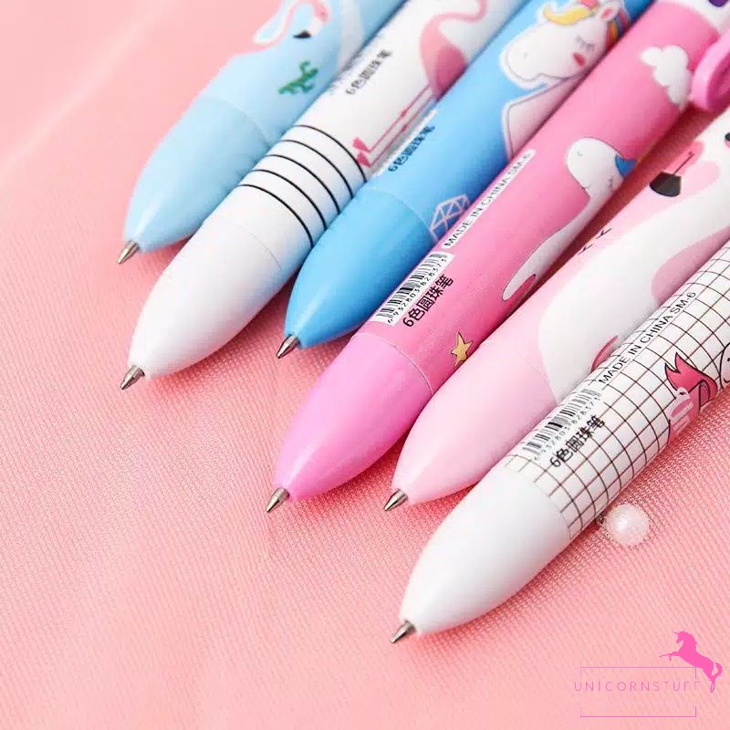 Bolpoin Unicorn 6 Warna Tinta Pena Mekanik Pulpen Sekolah Cewek Anak Alat tulis Lucu