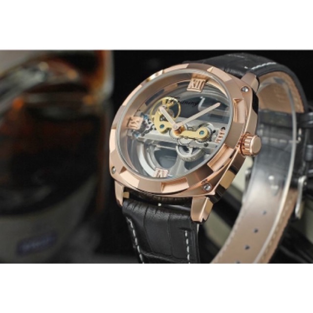 Jam Tangan Automatic Transparan Forsining Original Mewah Rose Gold