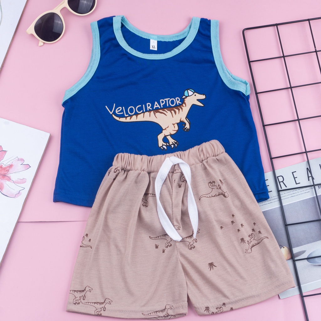 IL - SETELAN DINO SET BAJU TIDUR SINGLET ANAK COWOK / SETELAN ANAK SINGLET UNISEX / SLEEVELES DINO SET