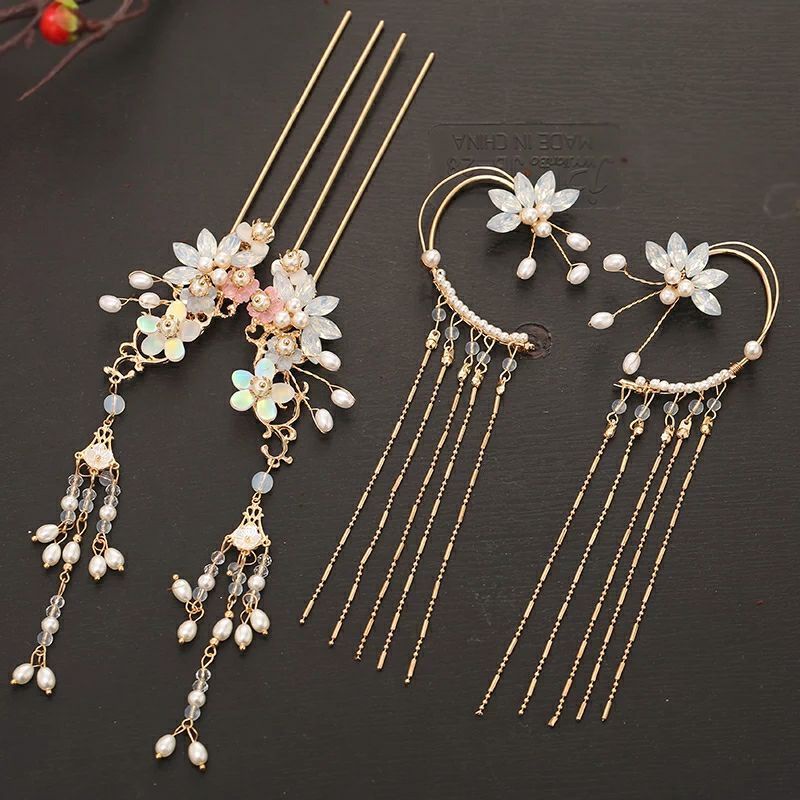 Oriental hair piece set chinese hanfu white gold tassel