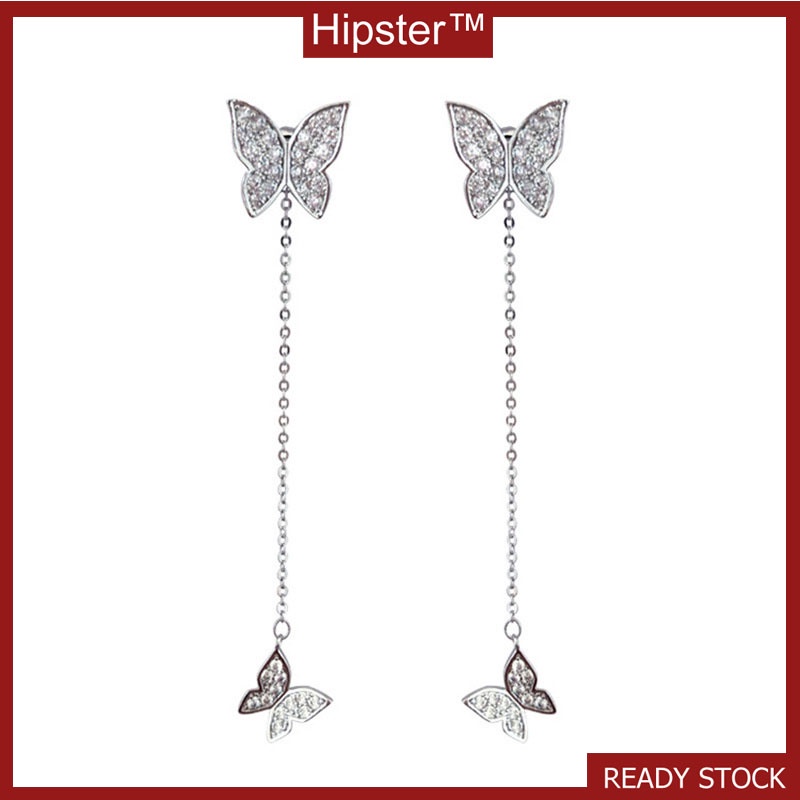 Popular Double Butterfly Diamond Long Tassel Full Diamond Temperament Ear Chain