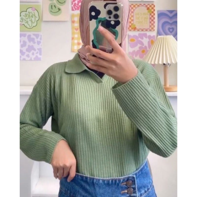 Knit crop rajut sweater blouse kerah polo shirt wanita