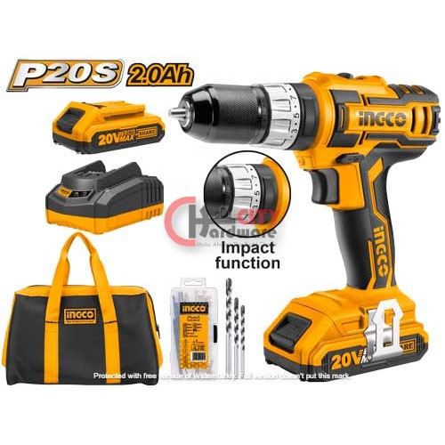 MESIN BOR BATERAI 20V LITIUM  + BATERAI (2PACK) + IMPACT INGCO - CIDLI2002