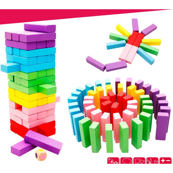 WWM 55 Mainan Uno Stako Warna Warni Kayu 48 Balok Dadu Wooden Block Uno Stacko building block besar