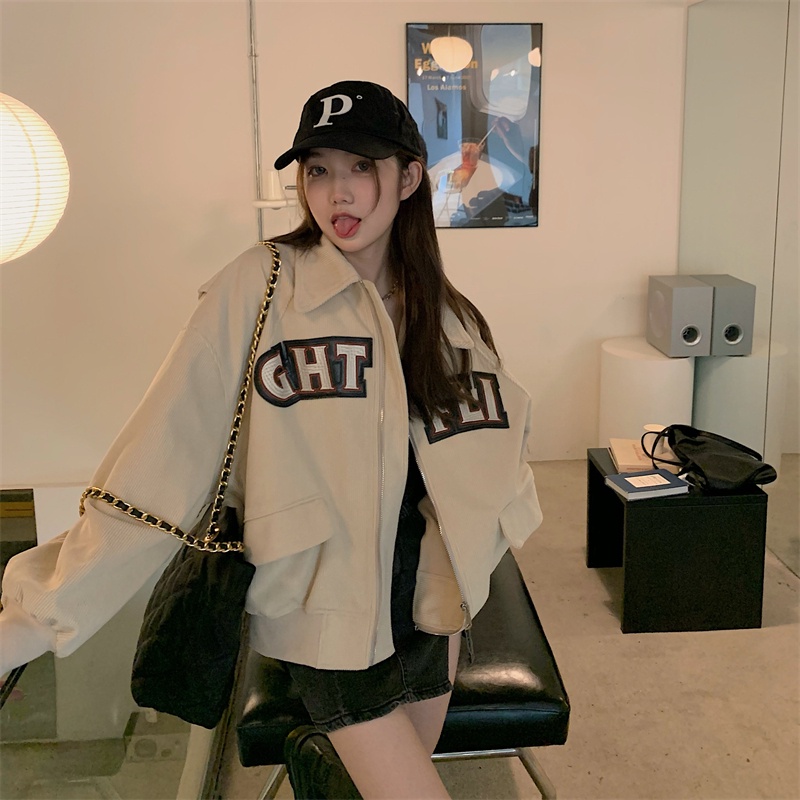 Baseball Jacket Corduroy Oversize Wanita Korean Style Kasual Jaket Vintage