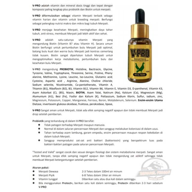 Suplemen vitamin kesehatan V Pro imperia burung merpati dara balap kolongan tomprang