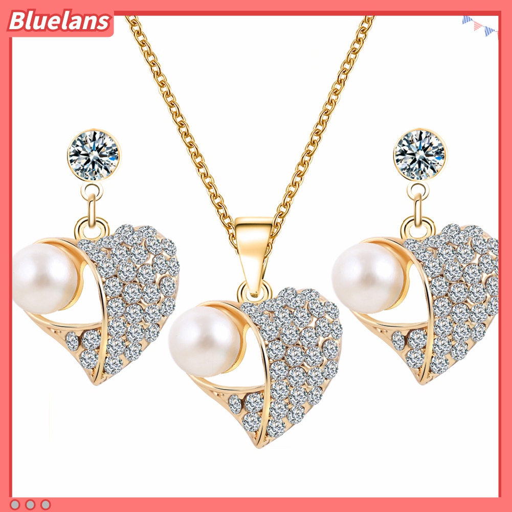Set Kalung Anting Stud Liontin Mutiara Berlian Imitasi Untuk Hadiah Wanita