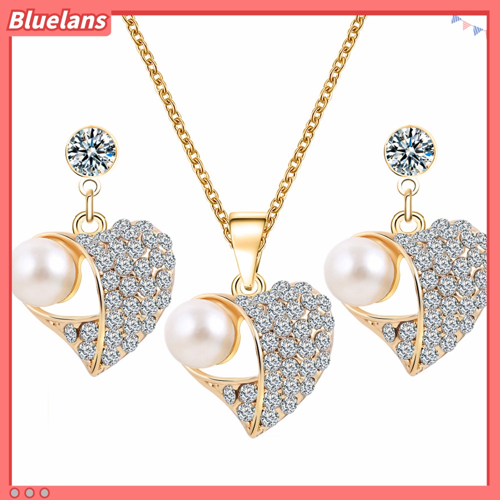 Set Kalung Anting Stud Liontin Mutiara Berlian Imitasi Untuk Hadiah Wanita