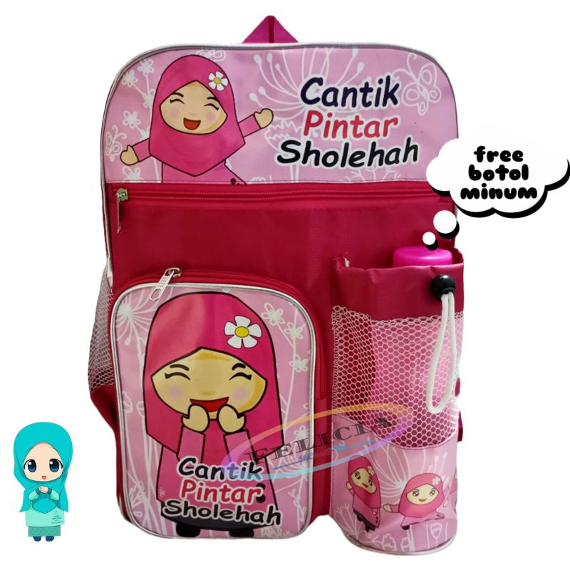 Tas Ransel Troly Muslimah Cantik pinter Sholehah Free botol Ransel anak sekolah perempuan