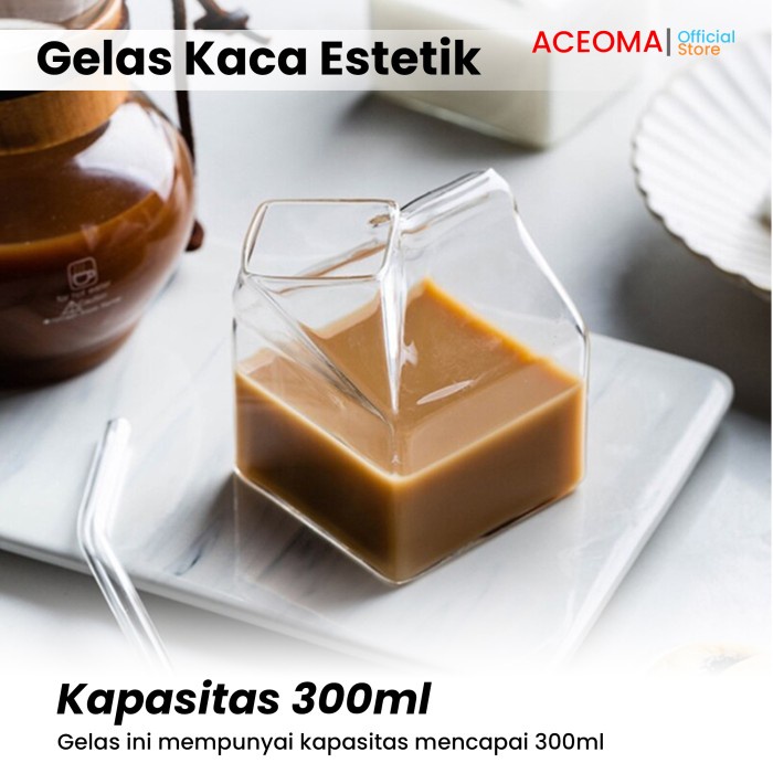 [Stok]Gelas Kaca Estetik Susu Minum Lucu Unik Gelas Bentuk Kotak Susu Milk HT7470F