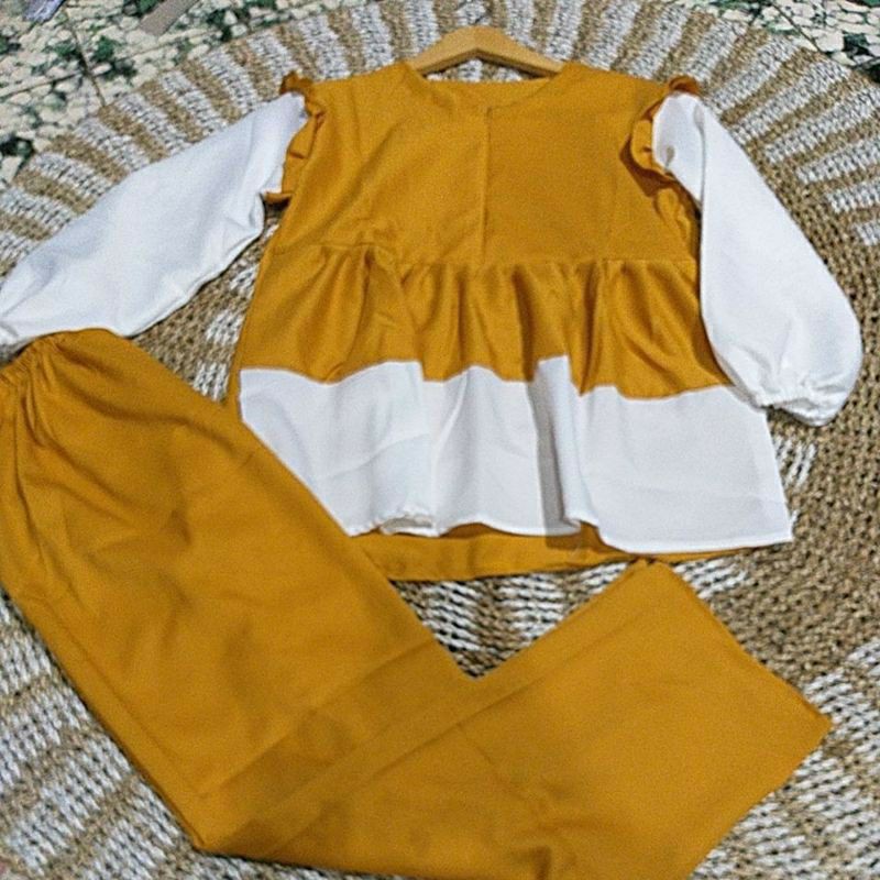 BLOUSE SET WANITA MOSCREPE//ONE SET MODINA REMPEL BALON DAILY-Mustard
