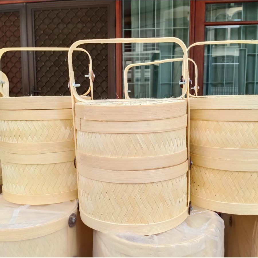 Rantang Bambu Hias Lebaran 25cm / Rantang Nasi Bulat / Keranjang / Hampers Rantang Bambu Susun