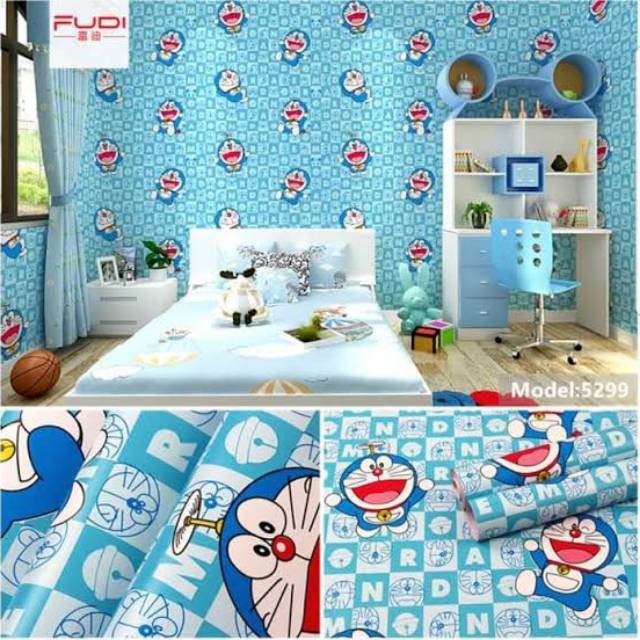 Wallpaper Dinding Kamar Tidur Motif Doraemon Kotak