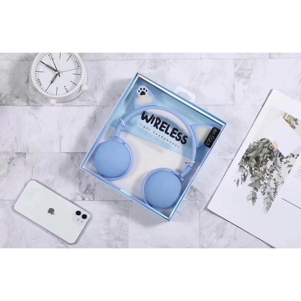Headset Anak Perempuan Headset Bluetooth bh-s523 model kucing LED Lucu lampu cat
