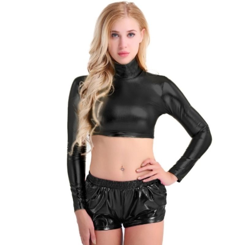 PRE ORDER Catsuit Latex Atasan Wanita Crop Kostum Turtleneck Lengan Panjang Cosplay NEW ORIGINAL