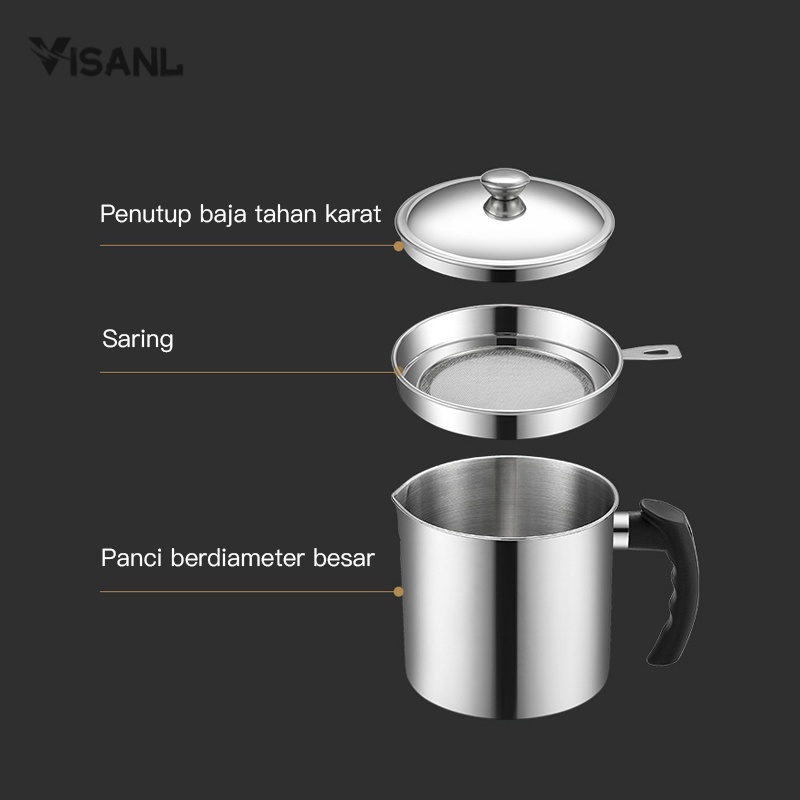 VISANL OIL POT FILTER 1200ML SARINGAN STAINLESS MINYAK GORENG SISA WADAH JELANTAH TEMPAT MINYAK SARINGAN