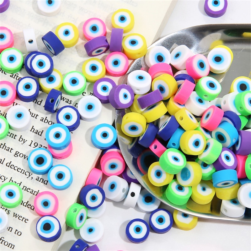 30Pcs/lot 10mm Evil Eye Flat Round Clay Polymer Beads Loose Beads For Making DIY Kids Jewelry Bracelet Necklace Accessories