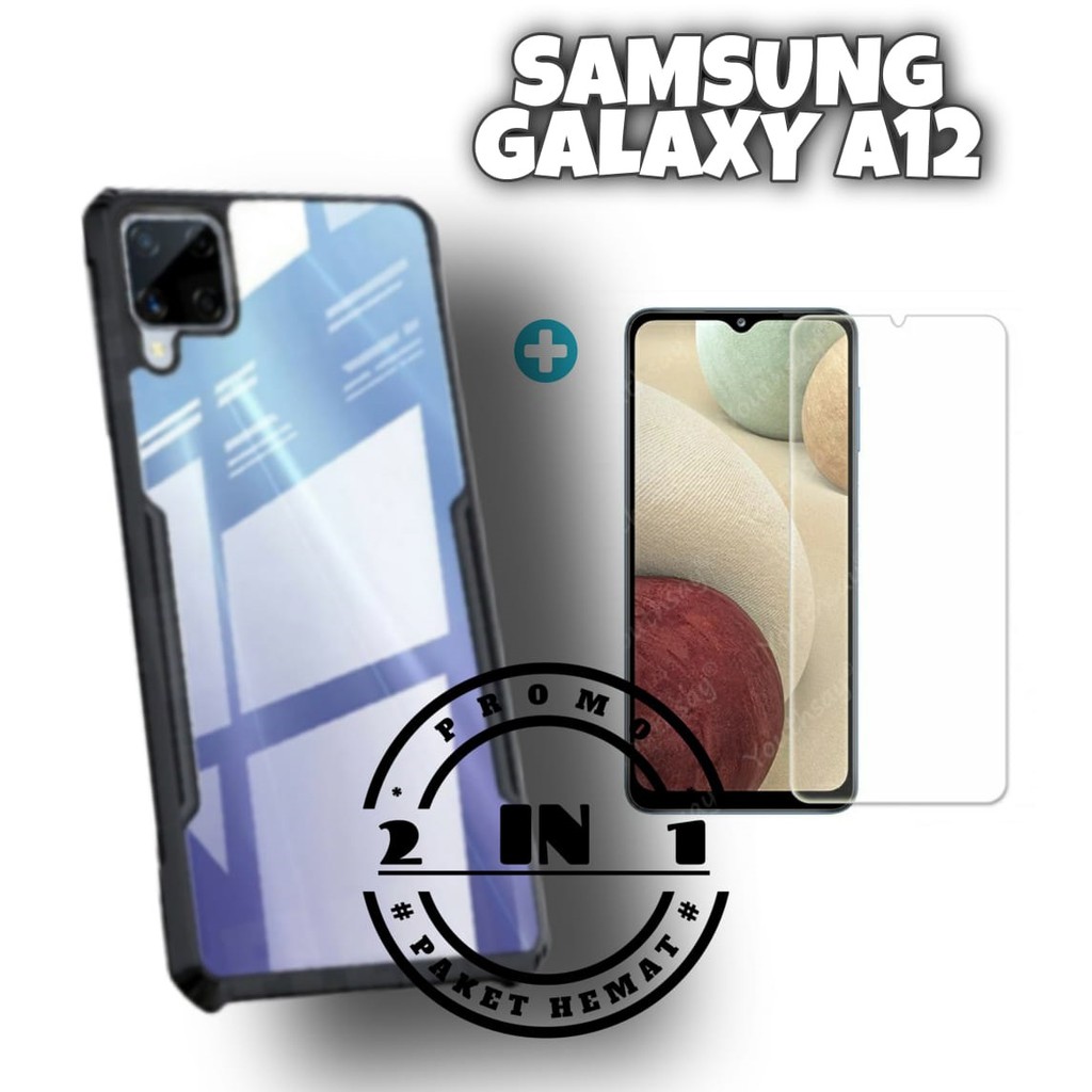 Case HardCase Paket 2 in 1 SAMSUNG A12 Shockproof Clear Cover Fusion Tempered Glass Clear