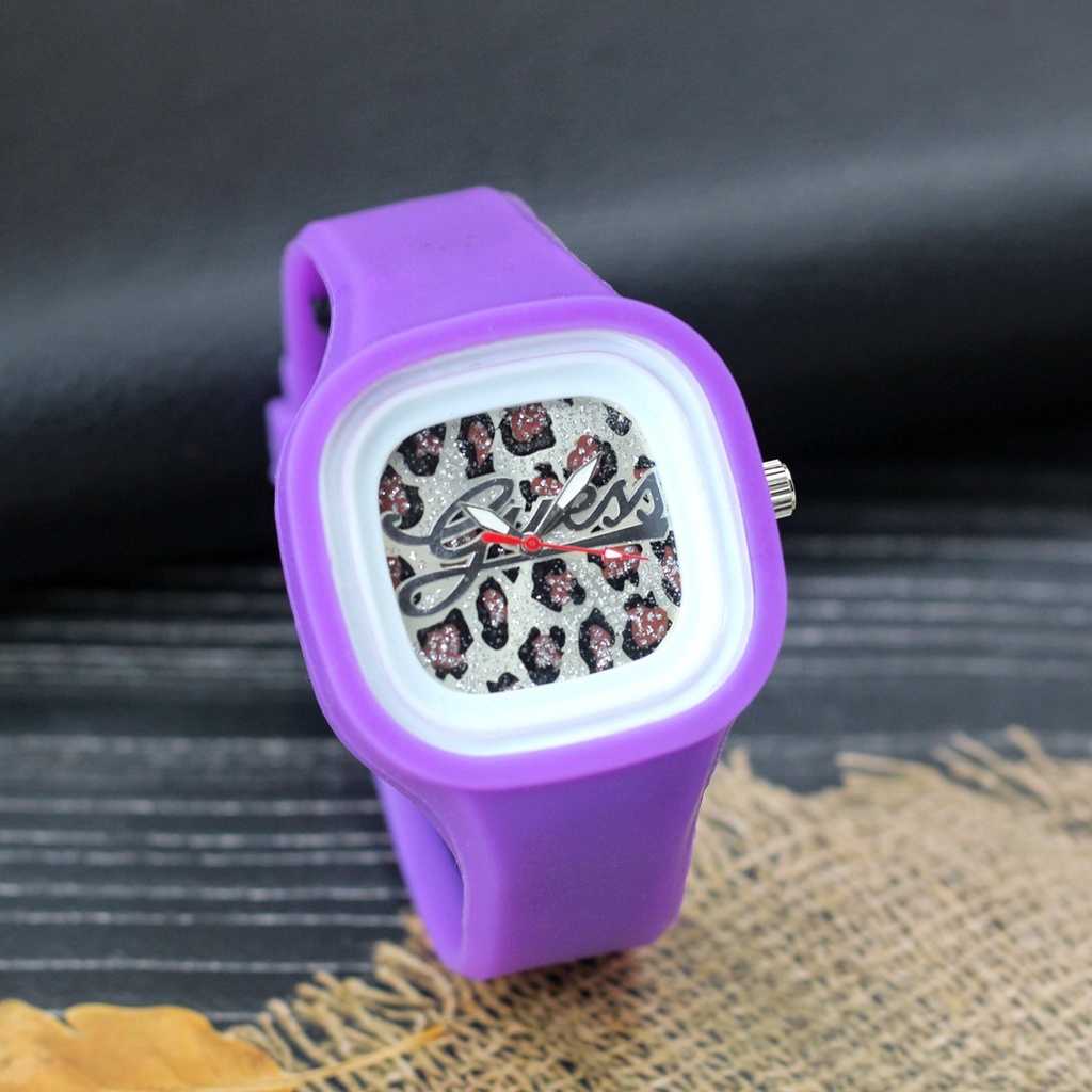 Jam Tangan Fashion Wanita B7252J Tali Rubber Plat Leopard Free Box &amp; Baterai