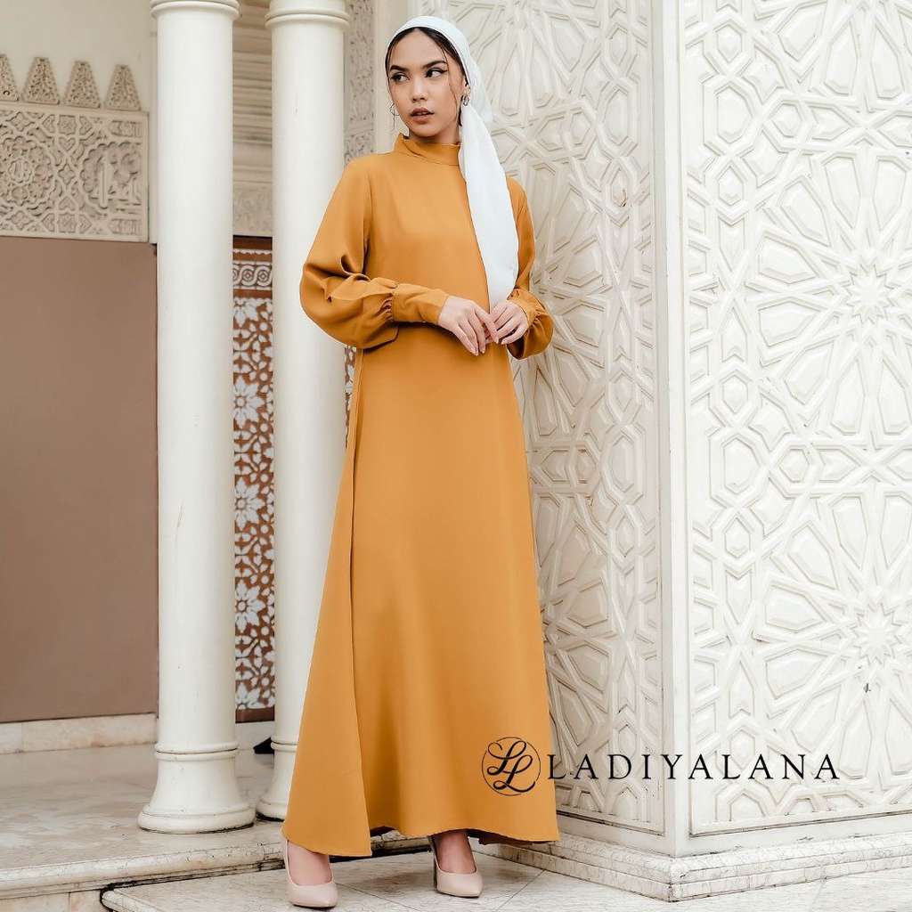 Baju Dress Gamis Muslim Wanita Raya Lebaran Pesta Panjang Polos Premium Modern Warna Kuning Mustard 