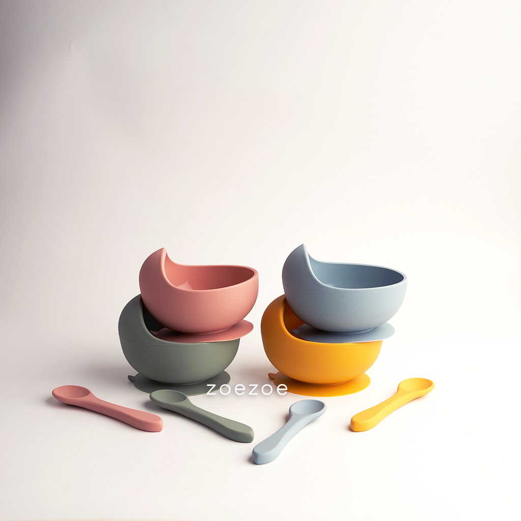 ZOEZOE Silicone Bib Suction Plate Bowl Spoon Set Celemek Piring Mangkok Sendok Makan Bayi Silikon