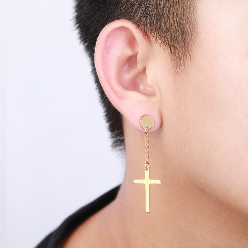 One Piece Korea Stainless Steel Cross Stud Anting-Anting Fashion Hitam Sendi Gaya Gothic Stud Anting-Anting Hip Hop Trendi Rantai Anting-Anting