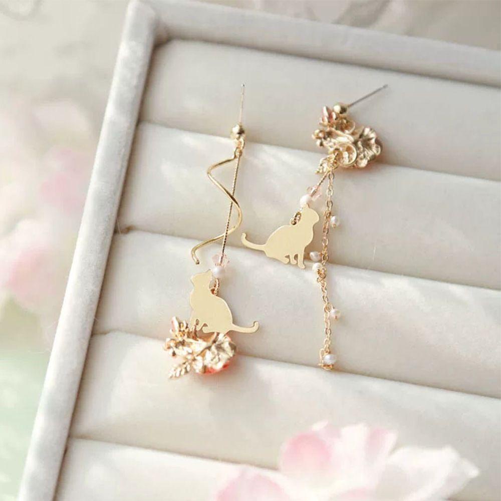 Needway   Bunga Anting Gadis Manis Mutiara Kucing Asimetris S925 Perak Jarum Menjuntai Anting-Anting