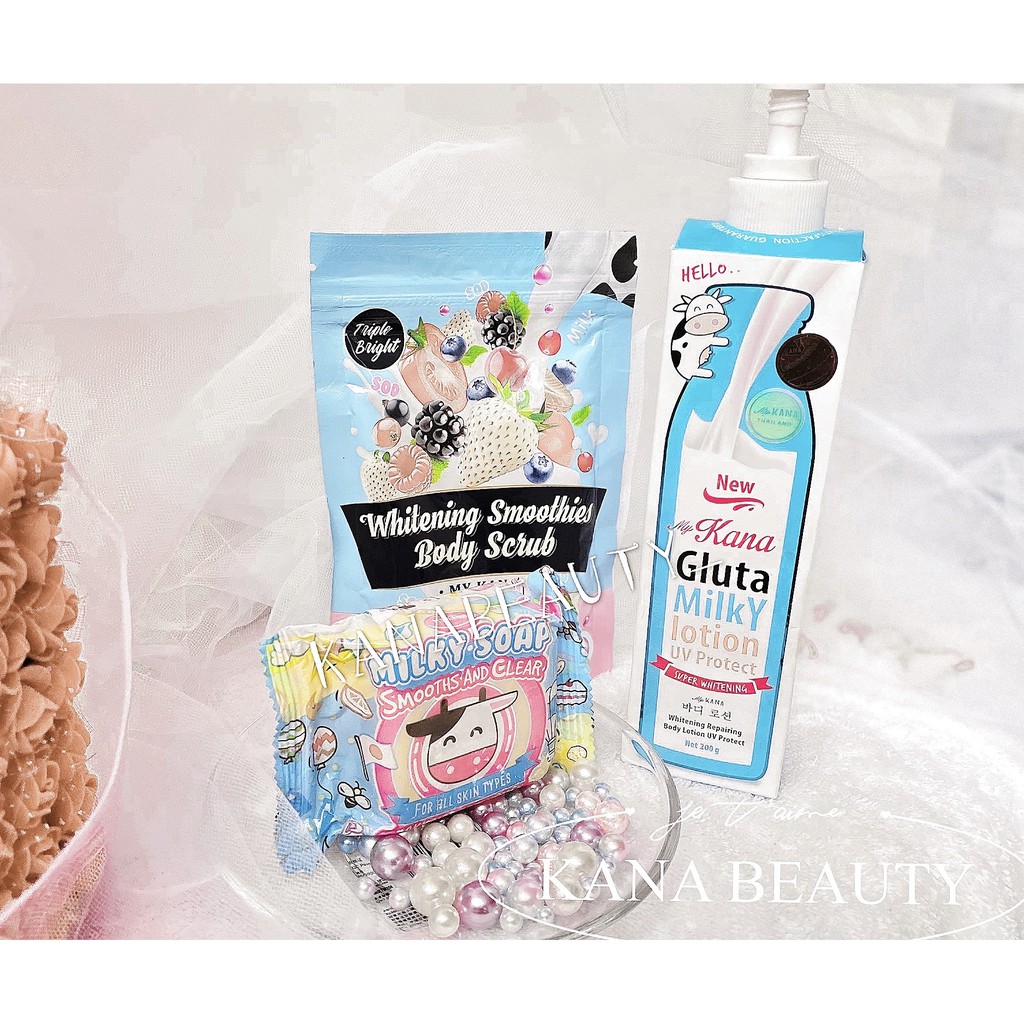 PAKET E (MYKANA MILKY SOAP + MYKANA BODY SCRUB + GLUTA MILKY LOTION MY KANA)