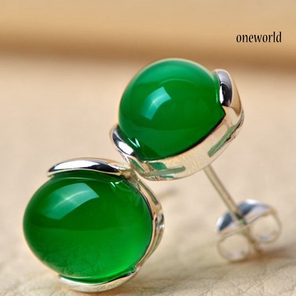 OW@ Fashion Women Natural Green Agate Stone Inlaid Plated Stud Earrings Jewelry Gift