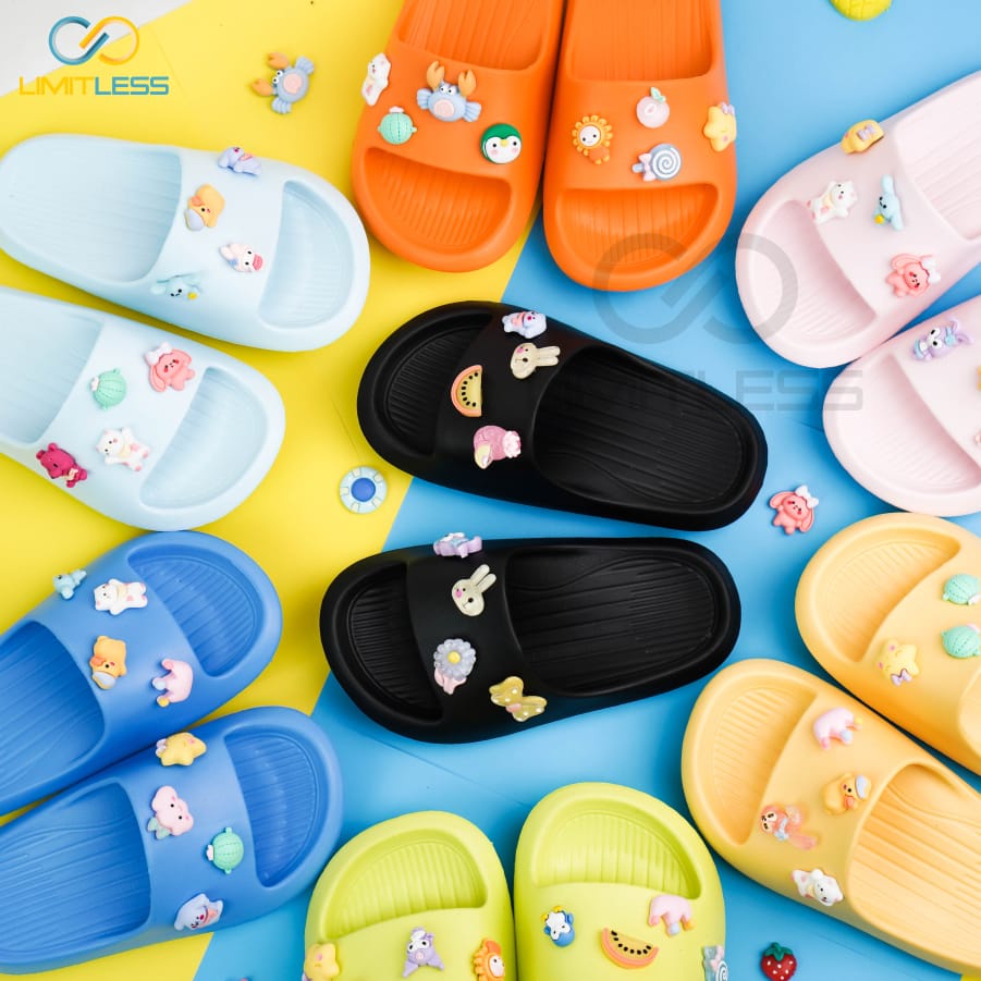 Sandal Flat Wanita Import STIKER 3D lucu Sandal Rumah Wanita Sendal Anak Slop Cewek Empuk Premium Anti Slip Murah