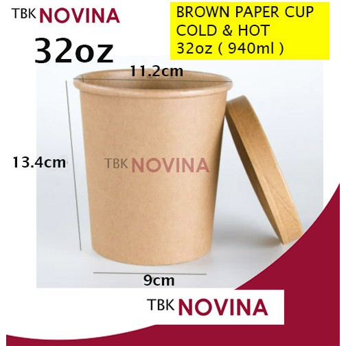 [ECER] Paper Cup 32 oz + Tutup Gelas Es Krim Brown Paper Cup ( Bisa untuk Panas &amp; Dingin)