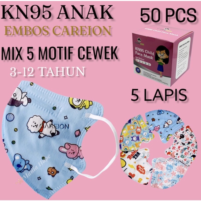 Masker Anak KN95 CAREION 5ply isi 50pcs Masker Medis