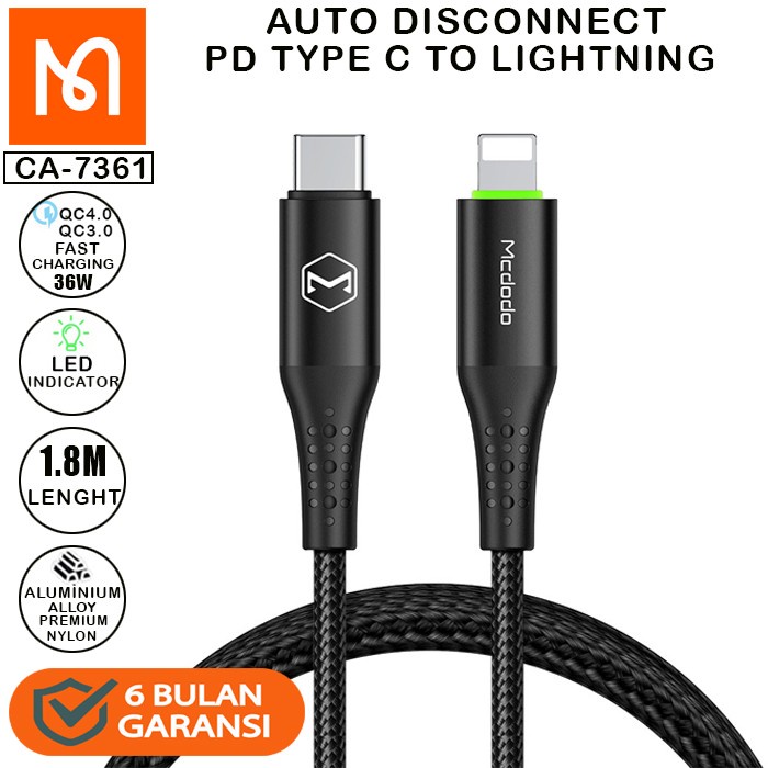 MCDODO CA-7361 Cable USB Type C To Lightning 1.8 Meter PD Fast Charge 36W Kabel Charger Type C to Lightning 1.8M
