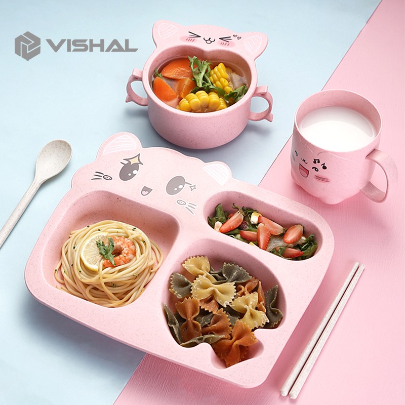 VISHAL Tempat Makan Set + Gelas + Mangkok / Tempat Sendok Garpu&amp;Amp Sumpit Piring Makan Anak Kartun