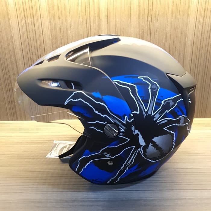 Helm halfFace Dewasa Single VisorSNI Virtue Tarantula Black Blue Doff